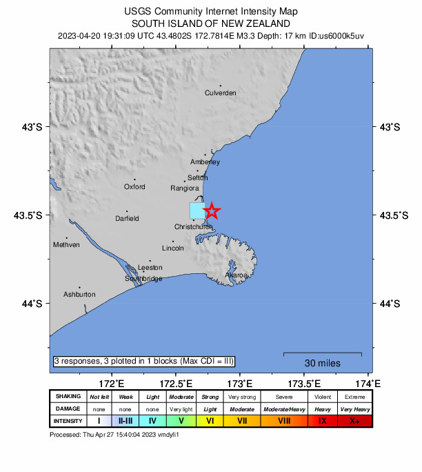 USGS DYFI community-reported intensity map for the M3.3 earthquake near 4 km E of Waimairi Beach, New Zealand