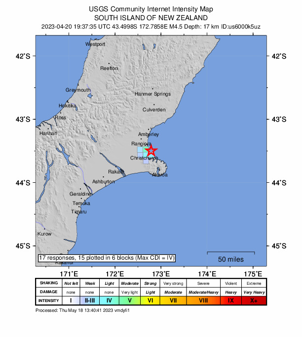 USGS DYFI community-reported intensity map for the M4.5 earthquake near South Island of New Zealand