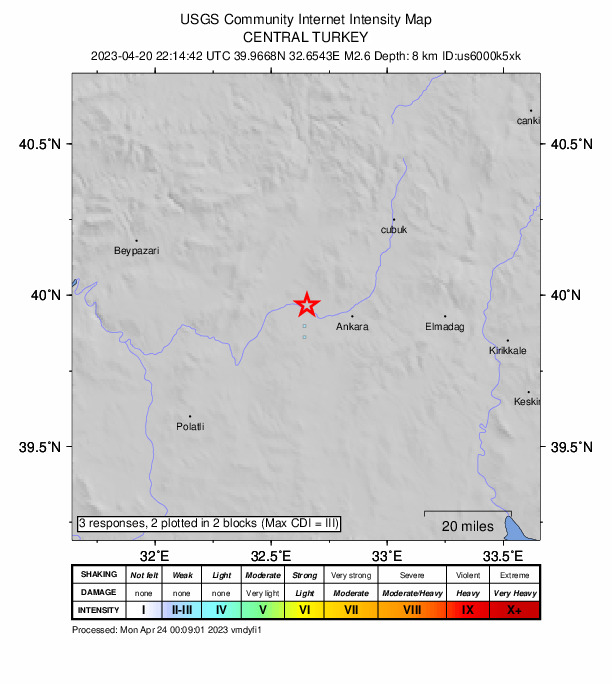 USGS DYFI community-reported intensity map for the M2.6 earthquake near 6 km W of Batikent, Turkey