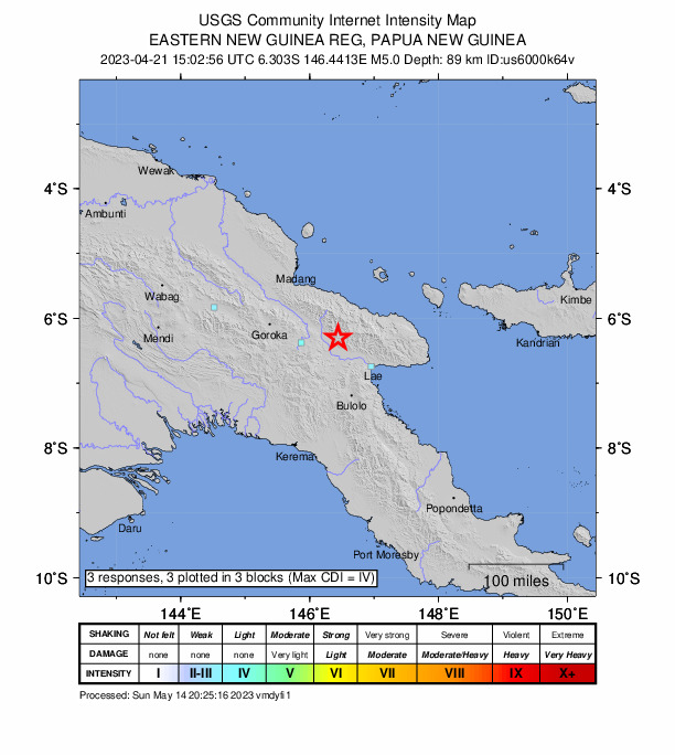 USGS DYFI community-reported intensity map for the M5.0 earthquake near 63 km E of Kainantu, Papua New Guinea