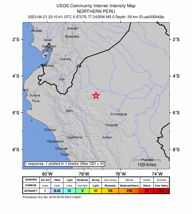 USGS DYFI community-reported intensity map for the M5.0 earthquake near northern Peru