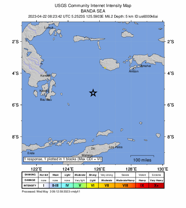USGS DYFI community-reported intensity map for the M6.2 earthquake near Banda Sea