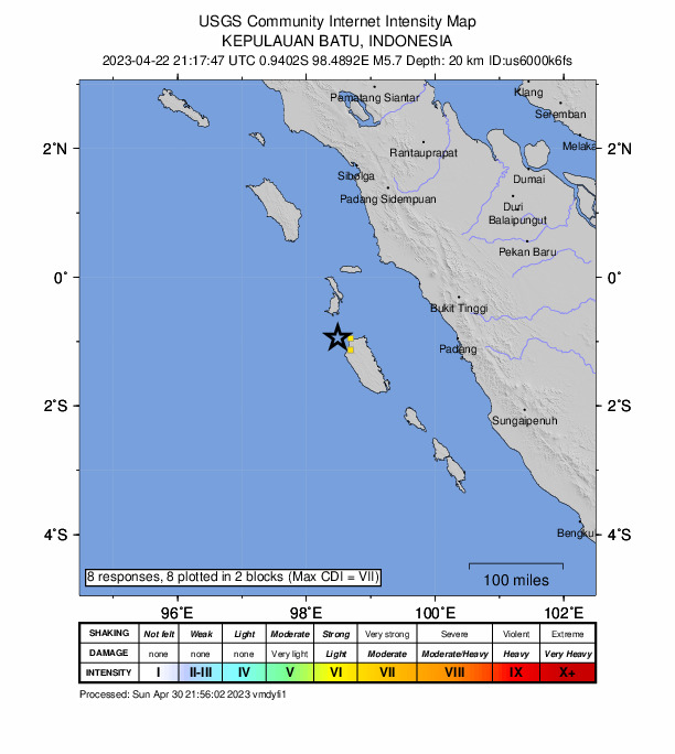 USGS DYFI community-reported intensity map for the M5.7 earthquake near 171 km NW of Tuapejat, Indonesia