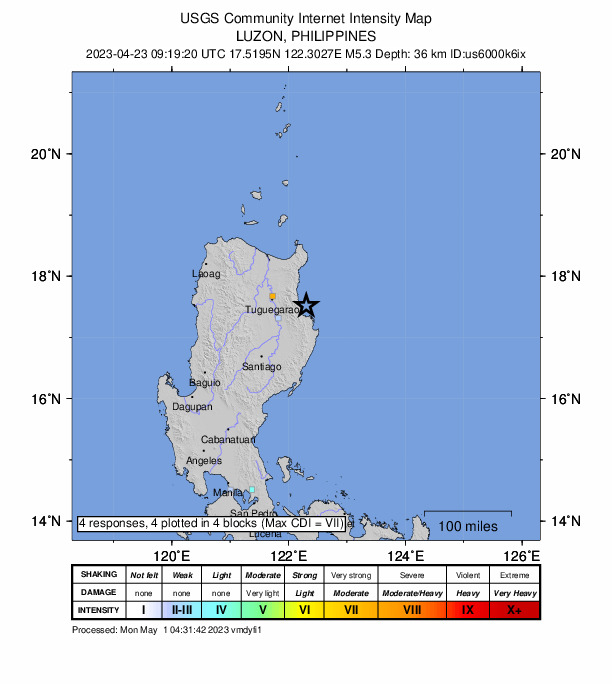 USGS DYFI community-reported intensity map for the M5.3 earthquake near 48 km ESE of Lapi, Philippines