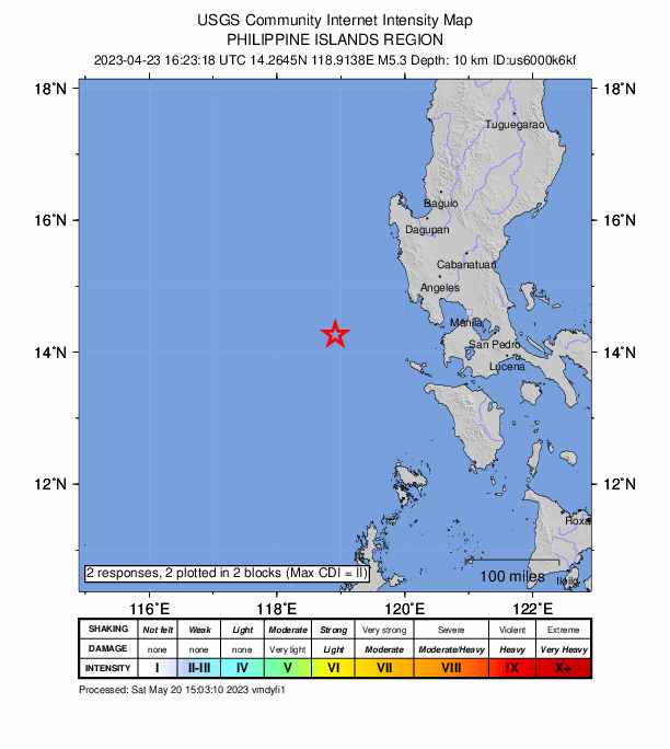 USGS DYFI community-reported intensity map for the M5.3 earthquake near 129 km WNW of Cabra, Philippines