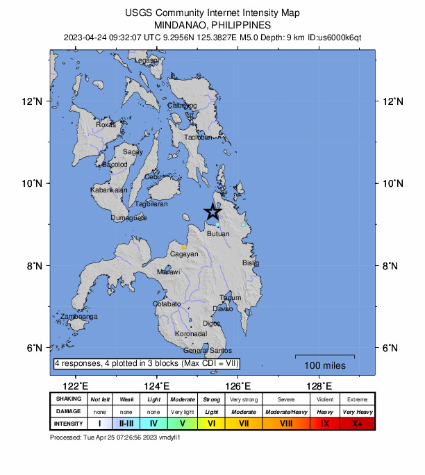 USGS DYFI community-reported intensity map for the M5.2 earthquake near 13 km WSW of Jabonga, Philippines