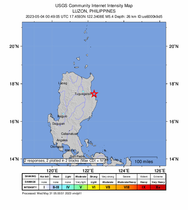 USGS DYFI community-reported intensity map for the M5.4 earthquake near Luzon, Philippines