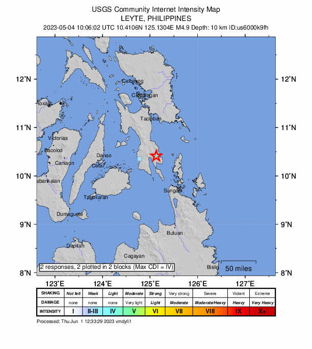 USGS DYFI community-reported intensity map for the M4.9 earthquake near 13 km SSW of Silago, Philippines