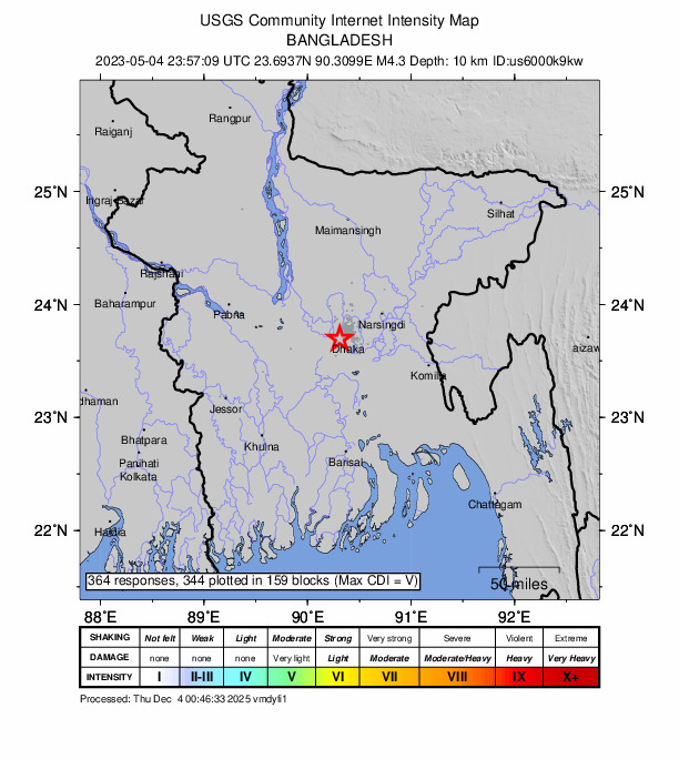 USGS DYFI community-reported intensity map for the M4.3 earthquake near 8 km WSW of Azimpur, Bangladesh