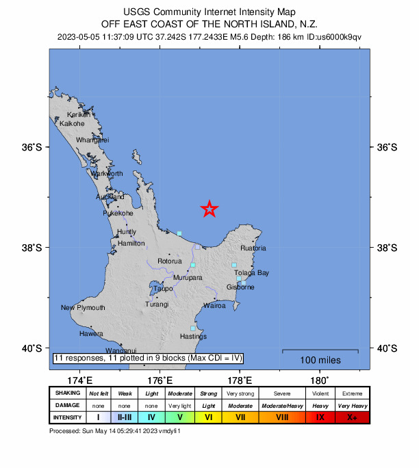USGS DYFI community-reported intensity map for the M5.6 earthquake near 82 km NNE of Whakatane, New Zealand