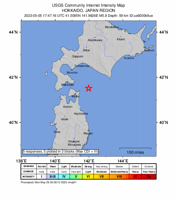 USGS DYFI community-reported intensity map for the M5.9 earthquake near 68 km ENE of Mutsu, Japan