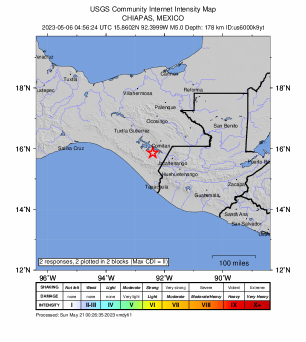 USGS DYFI community-reported intensity map for the M5.0 earthquake near 11 km WSW of Nueva América, Mexico