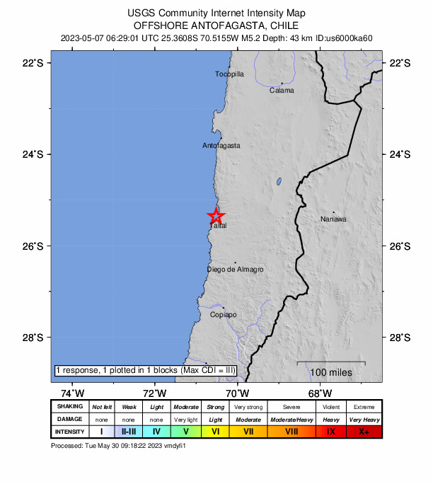 USGS DYFI community-reported intensity map for the M5.2 earthquake near 6 km NNW of Taltal, Chile