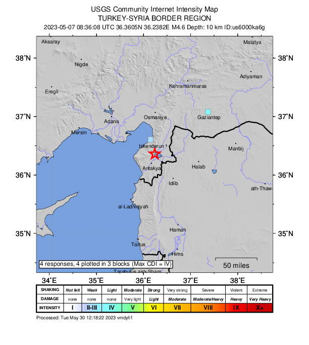 USGS DYFI community-reported intensity map for the M4.7 earthquake near 0 km SSE of Serinyol, Turkey