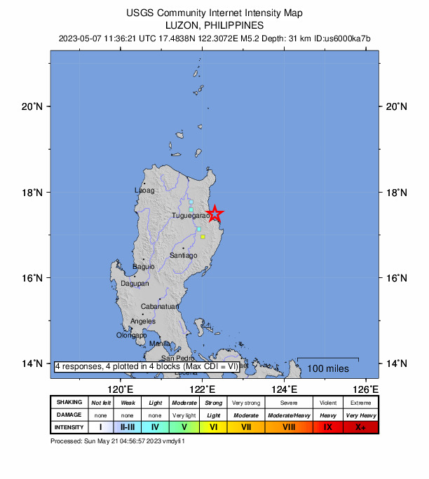 USGS DYFI community-reported intensity map for the M5.2 earthquake near 45 km NNW of Dicabisagan, Philippines