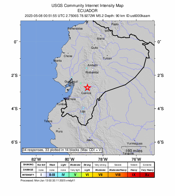 USGS DYFI community-reported intensity map for the M5.2 earthquake near 8 km W of Azogues, Ecuador