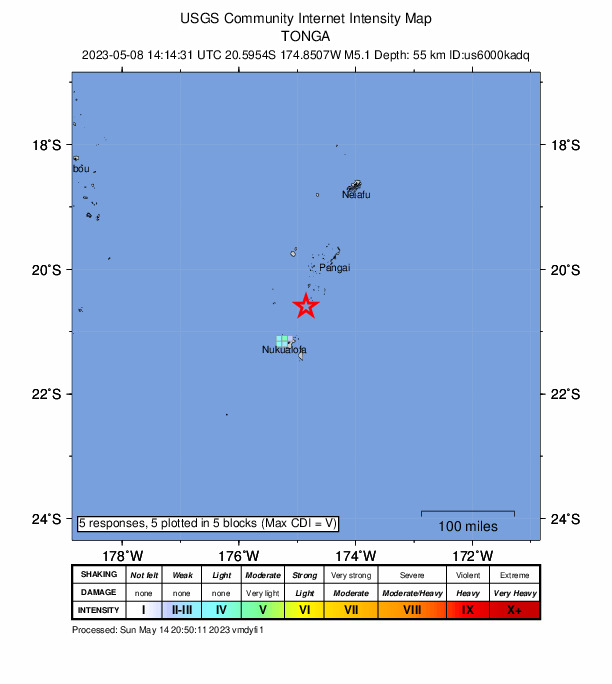 USGS DYFI community-reported intensity map for the M5.1 earthquake near 63 km NNE of Kolonga, Tonga