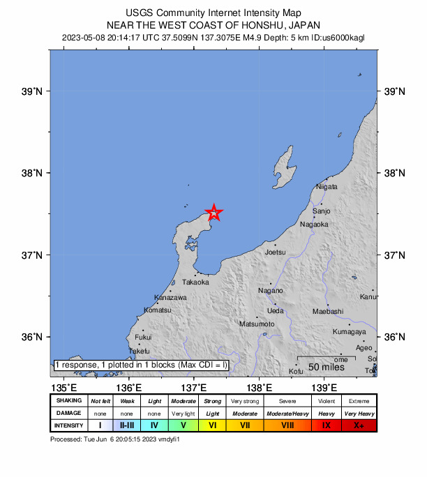 USGS DYFI community-reported intensity map for the M4.9 earthquake near 47 km NE of Anamizu, Japan