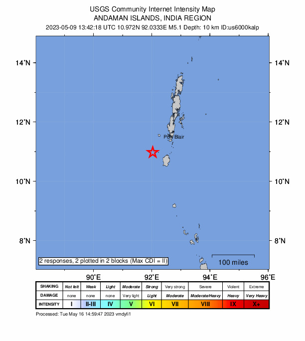 USGS DYFI community-reported intensity map for the M5.1 earthquake near 109 km SW of Port Blair, India