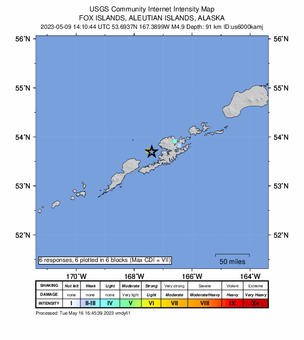 USGS DYFI community-reported intensity map for the M4.9 earthquake near 59 km WSW of Unalaska, Alaska