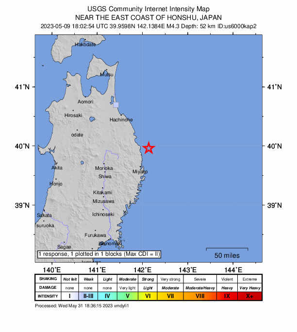 USGS DYFI community-reported intensity map for the M4.3 earthquake near 31 km ENE of Iwaizumi, Japan