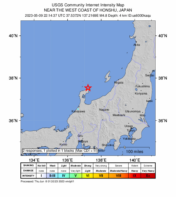 USGS DYFI community-reported intensity map for the M4.8 earthquake near 43 km NE of Anamizu, Japan