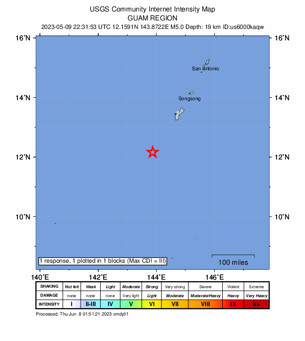 USGS DYFI community-reported intensity map for the M5.0 earthquake near 149 km SW of Merizo Village, Guam