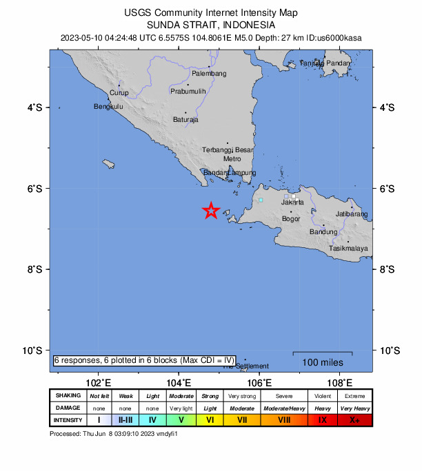 USGS DYFI community-reported intensity map for the M5.1 earthquake near 115 km W of Labuan, Indonesia