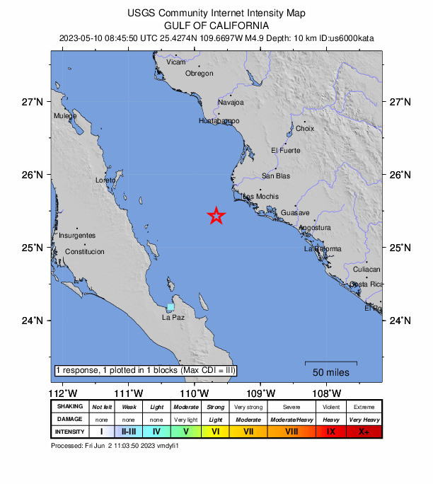 USGS DYFI community-reported intensity map for the M4.9 earthquake near 50 km SW of Campo Pesquero el Colorado, Mexico