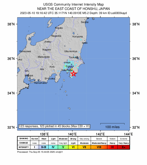 USGS DYFI community-reported intensity map for the M5.2 earthquake near 2 km NNW of Kamogawa, Japan