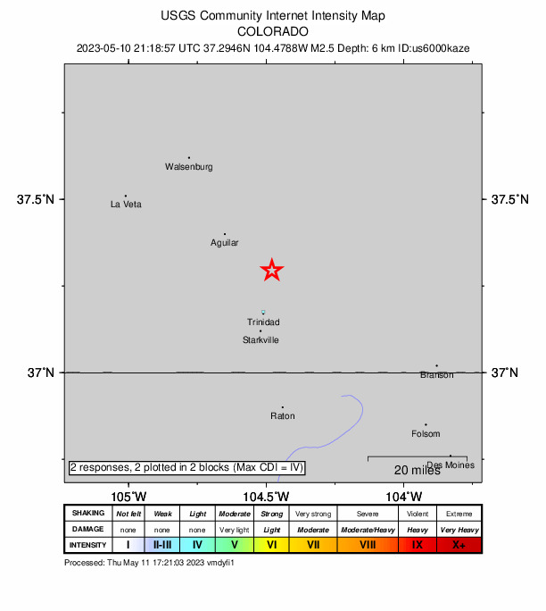 USGS DYFI community-reported intensity map for the M2.5 earthquake near 7 km N of El Moro, Colorado