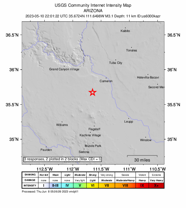 USGS DYFI community-reported intensity map for the M3.1 earthquake near 31 km SW of Cameron, Arizona