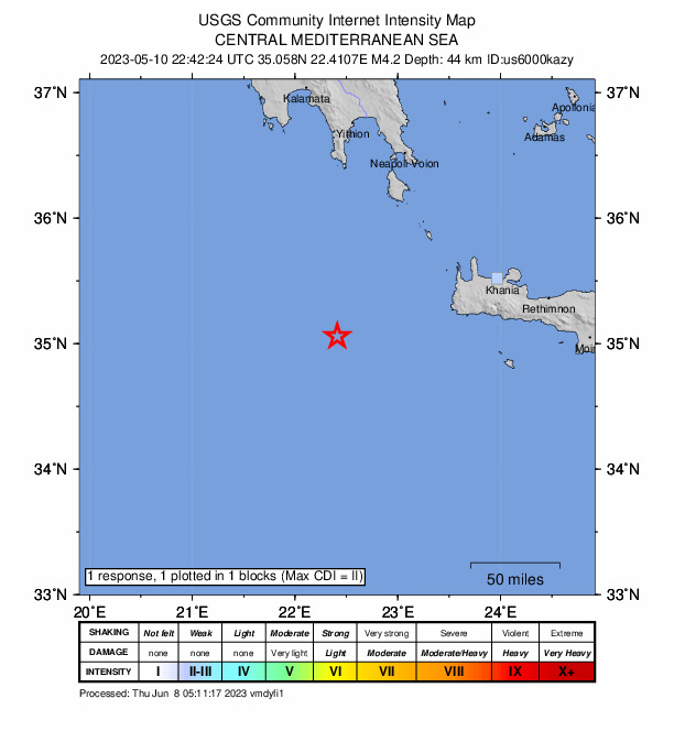 USGS DYFI community-reported intensity map for the M4.2 earthquake near 117 km W of Palai?chora, Greece