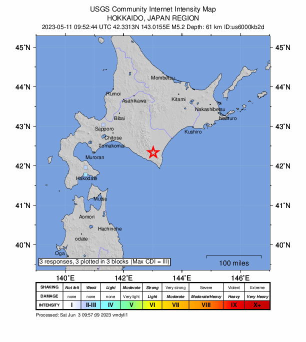 USGS DYFI community-reported intensity map for the M5.2 earthquake near 23 km WNW of Hiroo, Japan