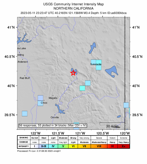 USGS DYFI community-reported intensity map for the M2.8 earthquake near 2km NNE of Almanor, CA