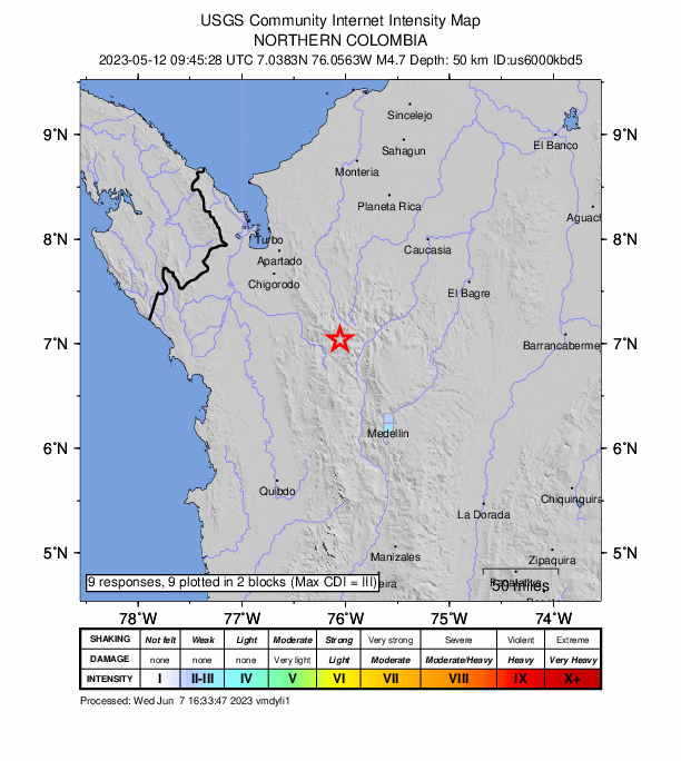 USGS DYFI community-reported intensity map for the M4.7 earthquake near 16 km W of Peque, Colombia