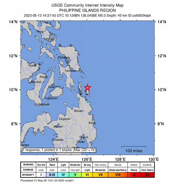 USGS DYFI community-reported intensity map for the M5.0 earthquake near Philippine Islands region