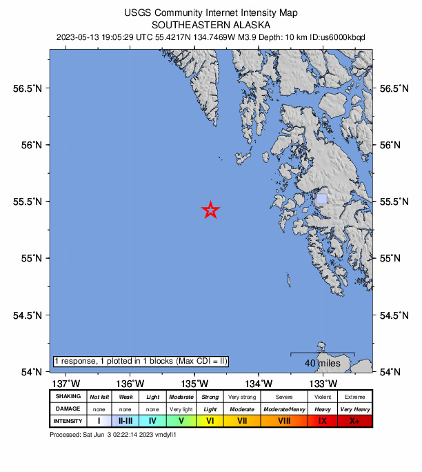USGS DYFI community-reported intensity map for the M3.8 earthquake near 20 km WSW of Port Alexander, Alaska