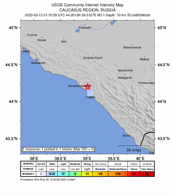 USGS DYFI community-reported intensity map for the M3.1 earthquake near 3 km NNE of Nebug, Russia