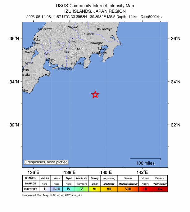 USGS DYFI community-reported intensity map for the M5.4 earthquake near 149 km SSE of Shimoda, Japan