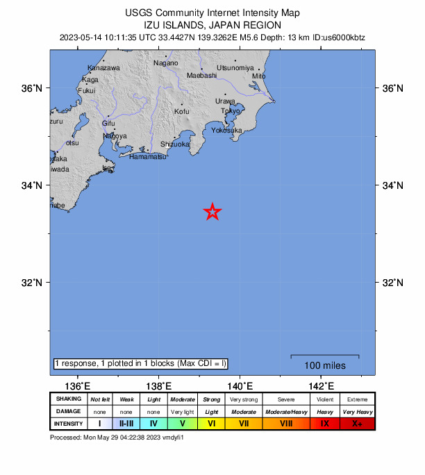 USGS DYFI community-reported intensity map for the M5.6 earthquake near 141 km SSE of Shimoda, Japan