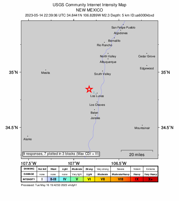 USGS DYFI community-reported intensity map for the M2.3 earthquake near New Mexico