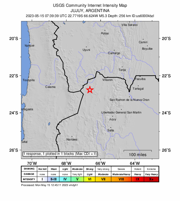 USGS DYFI community-reported intensity map for the M5.3 earthquake near 73 km W of Abra Pampa, Argentina