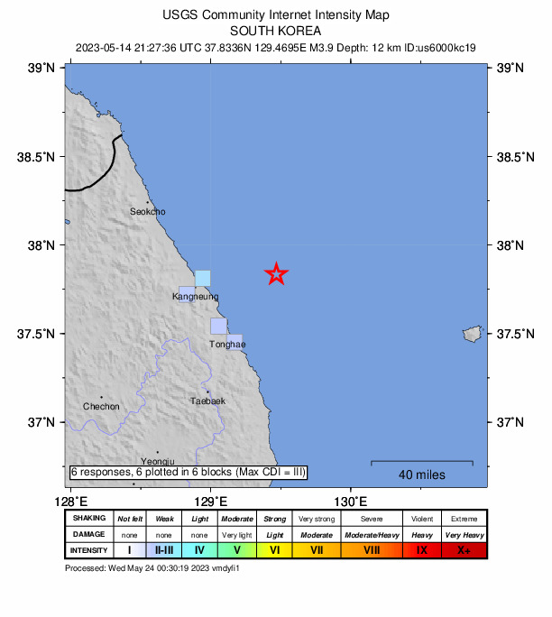 USGS DYFI community-reported intensity map for the M3.9 earthquake near 45 km NE of Tonghae, South Korea