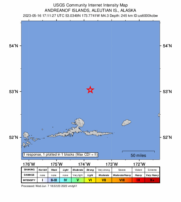 USGS DYFI community-reported intensity map for the M4.3 earthquake near 99 km NNE of Atka, Alaska