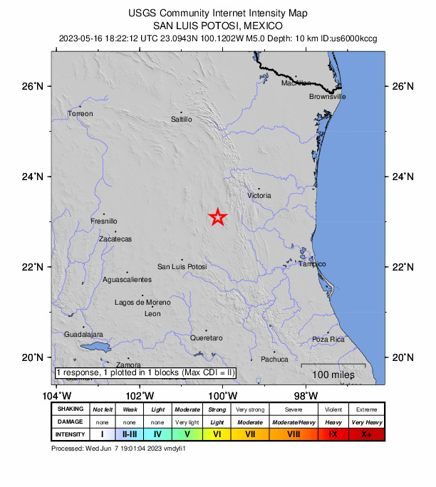 USGS DYFI community-reported intensity map for the M5.0 earthquake near 15 km NNW of Lázaro Cárdenas, Mexico