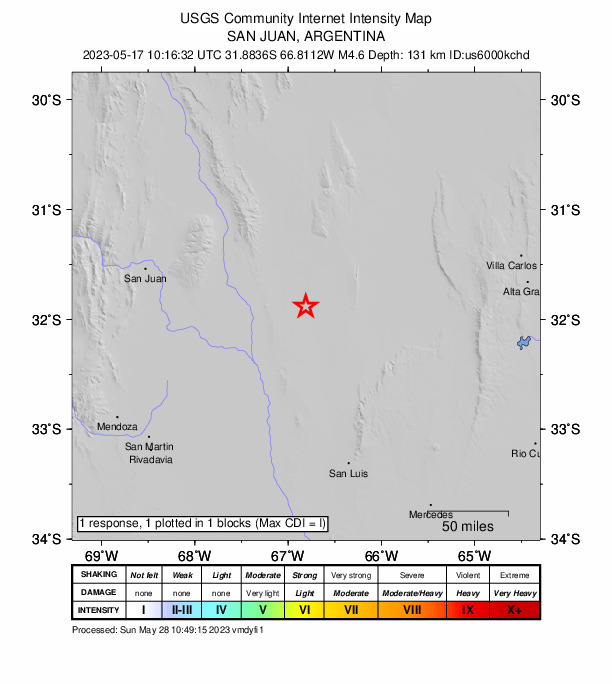 USGS DYFI community-reported intensity map for the M4.6 earthquake near 93 km NNW of Villa General Roca, Argentina