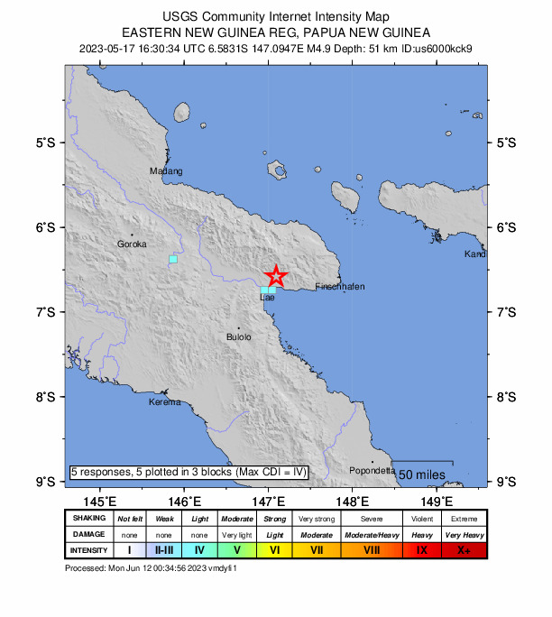 USGS DYFI community-reported intensity map for the M4.9 earthquake near 18 km NE of Lae, Papua New Guinea