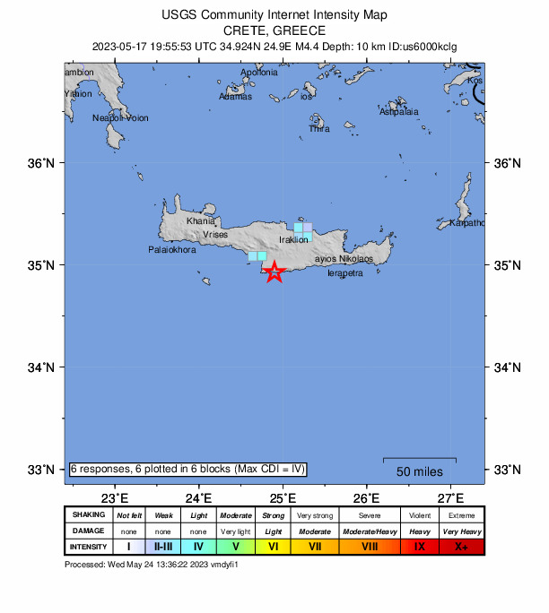 USGS DYFI community-reported intensity map for the M4.4 earthquake near Crete, Greece