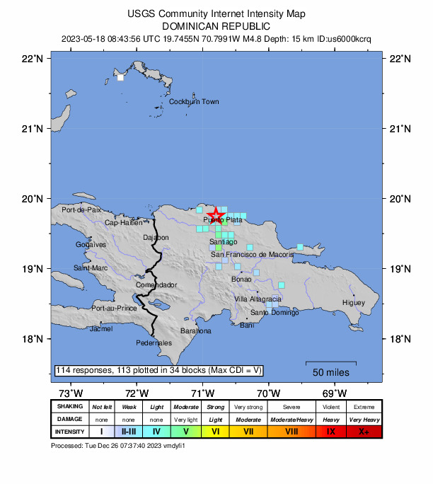 USGS DYFI community-reported intensity map for the M4.8 earthquake near Dominican Republic region
